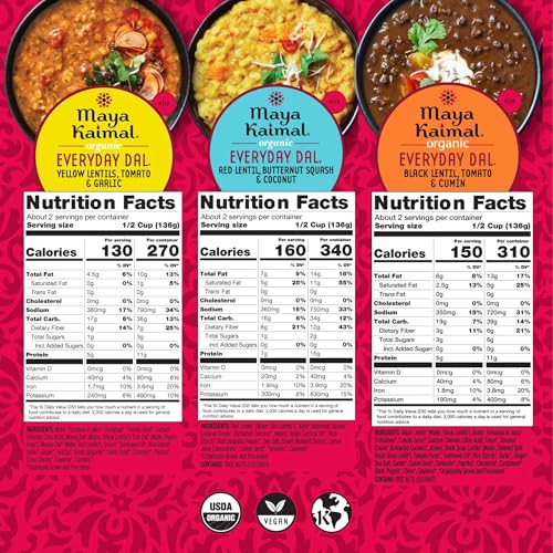 Image of Maya Kaimal - Organic Indian Everyday Dal Variety Pack (Red, Black, Yellow Lentil) - Fully Cooked Ready to Eat Meal - Vegan - Microwavable (Pack of 6, Lovers Variety Pack)