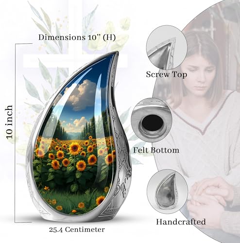 Image of Cremation Urns for Ashes Sunflowers - Large Urns for Human Ashes Adult Male - Sunflower Urn for Human Adult Man and Women - Large Decorative Urn for Mom and Dad 10inch