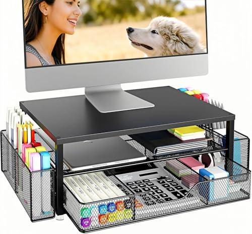 Lista de Muebles para Computadora E Impresora los preferidos por los clientes. 45 Soporte para Monitor de Metal de 2 Niveles con Cajón y 2 Portalápices, Base para Monitor de Escritorio con Organizador, Soporte para Computadora, Laptop o iMac (Negro)