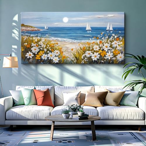 KELIYUAN Large Vintage Landscape Painting Home Decor Blue Ocean Beach Painting Living Room Decorative Wall Art Modern Print Canvas White Flowers Farmhouse Office Bedroom Wall Decor 30 X 60 Inches