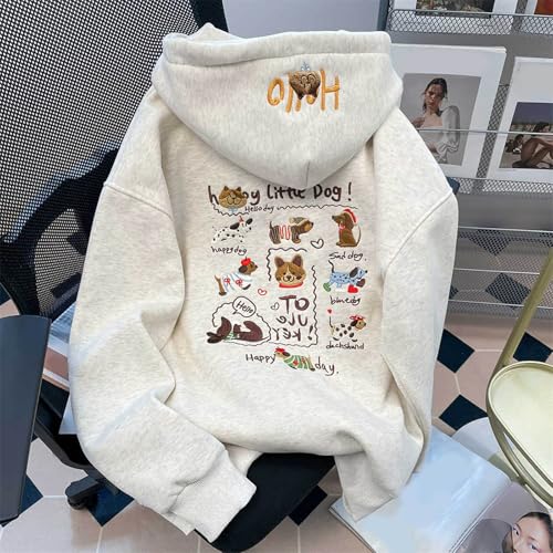 Generisch Damen Kapuzenpullover mit besticktem Hundemotiv bequemer Fleece Hoodie lässiger Oversize Schnitt Langarm für Winter Frühling Alltag (White, M)