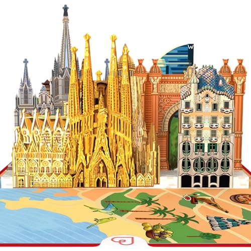 papercrush® Carte Pop-Up Barcelone - Carte anniversaire 3D, Bon cadeau de voeux pour billets d'avion, Cadeau couple pour voyage surprise en Espagne pour...