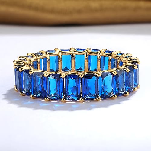 MDFUN Blue Baguette Ring Eternity Rings 18K Yellow Gold Plated for Women Deep Blue Spinel Wedding Promise Engagement Band Size 5-103