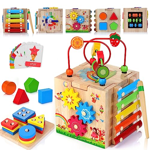 HELLOWOOD Wooden Kids Baby Activity Cube, 8-in-1 Toys Gift Set for 12M+ Girls & Boys, Bonus Sort & Stack Board, Montessori Learning Toys for Toddlers 1-3, 1st Birthday Gift-Pink Packaging