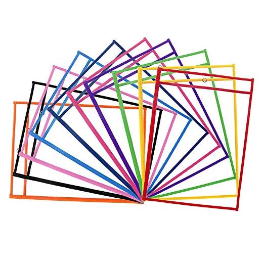 ZWOOS 10 Piezas Resuable Dry Erase Pockets Papelería Suministros, Oficina, para la Organización en el Aula y Colegio, Guardería, Ludoteca (Colores Surtidos), 35.5×25.5 cm