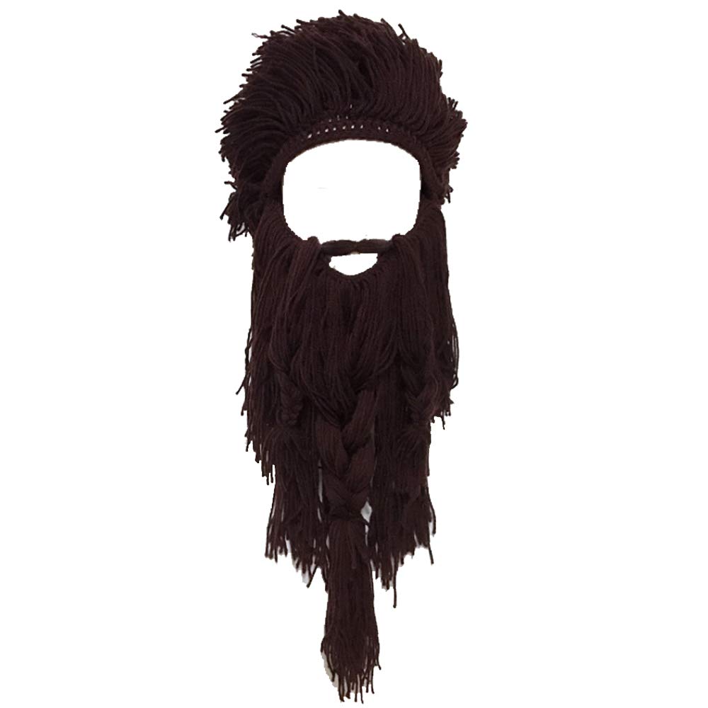 YEKEYI Barbarian Knit Long Beard Hat Adult Viking Fake Hair Wig Visor Knitted Wool Funny Skull Cap (Brown)