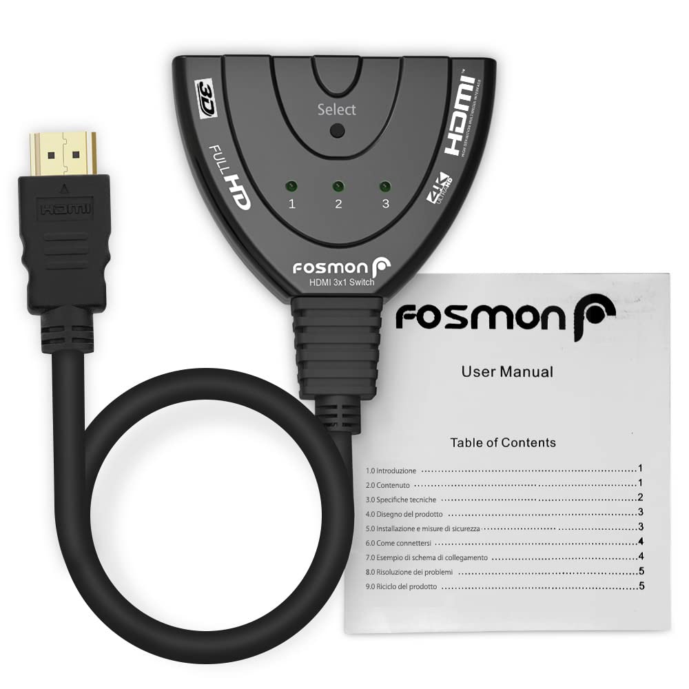 Fosmon Commutateur HDMI Automatiques 4k, 3 Entrées 1 Sortie HDMI Switch - UHD HDR 3D 1080p HDCP, Splitter Switcher Répartiteur Sélecteur Auto pour HDTV Lecteurs DVD Blu ray PS4 Xbox Apple Fire Roku