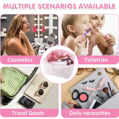Quilted Makeup Bag Floral Large Cute Cosmetic Bag Cotton Puffy Makeup Organizer Coquette Travel Makeup Pouch Aesthetic Portable Zipper Toiletry Storage Bag for Women Girls (Pink)4