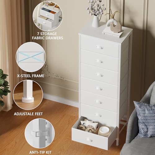 Furnulem White Tall Dresser for Bedroom with 7 Drawers, Vertical Chest of Drawer in Closet, Nightstand Storage Tower Unit Organizer with Fabric Bins for Dorm,Living Room,Entryway,Hallyway - Image 6
