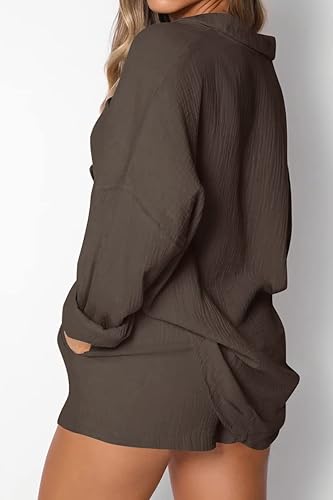 Miniatura 2 de AUTOMET 2 Piece Outfits For Women Lounge Sets Pajama Sets Long Sleeve Button Down Oversized Shirts And Shorts Fall Tracksuit