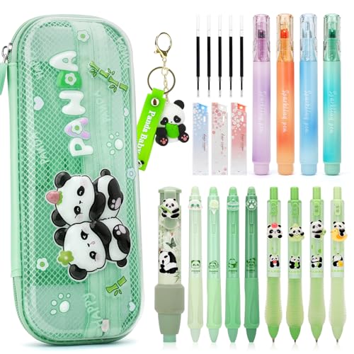 SKAMORI 20+ Piezas de Utiles Escolares Aesthetic con Estuche Transparente Escolar, 4 Resaltadores Pastel| 4 Boligrafos Gel | 4 Portaminas 0.5, Material Escolar y Papeleria Estilo Panda