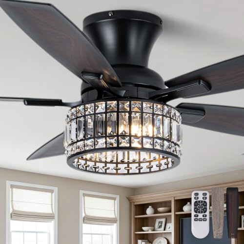 Image of 52 Inch Flush Mount Crystal Ceiling Fan with Lights and Remote | Farmhouse Fandelier Ceiling Fan Rustic Chandelier for Bedroom Living Room, 5 Dual Blades 2 E26 Sockets Reversible 6 Speeds