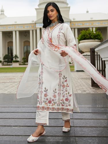 Image of INDO ERA Women's Silk Blend Embroidered Straight Kurta Pant with Dupatta (Ieout6967)