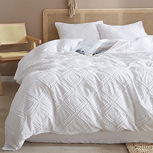 Miabedding Boho Duvet Cover Queen Size, Pure White Textured Bedding Duvet Covers Tufted Design with Ties, Super Soft & Cooling, Oeko-Tex Cetificated (Not Comforter)