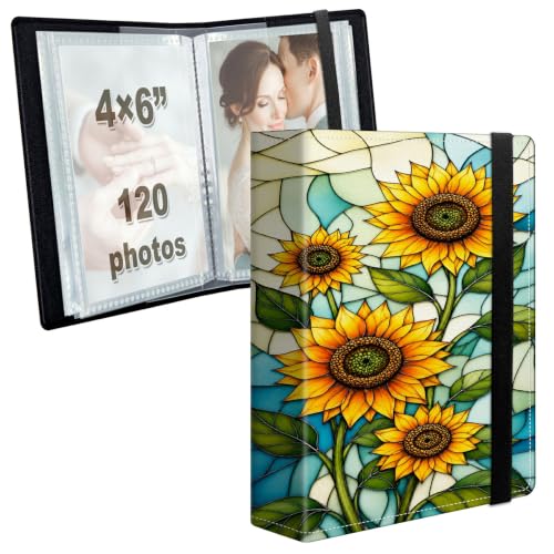 Image of Photo Album 4x6 120 Photos with Strong Elastic Band Stained Glass Sunflower | Large Capacity Premium Leather Picture Album, Portable Wallet Albums Photo Book for Family Anniversaries Wedding Baby