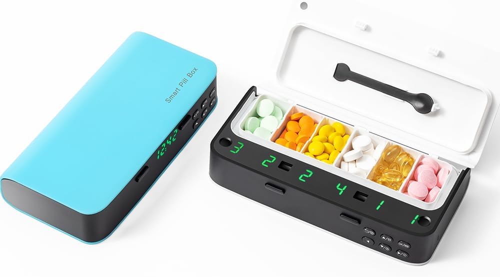 Pill Dispenser with Alarm, Daily Medicine Pill Organizer with up to 7 Alarms A Day,Smart Pill Box 6 Compartments, Christmas Thanksgiving Gift Pill Reminder for Elderly (Blue) Pill Dispenser with Alarm, Daily Medicine Pill Organizer with up to 7 Alarms A Day,Smart Pill Box 6 Compartments, Christmas Thanksgiving Gift Pill Reminder for Elderly (Blue)