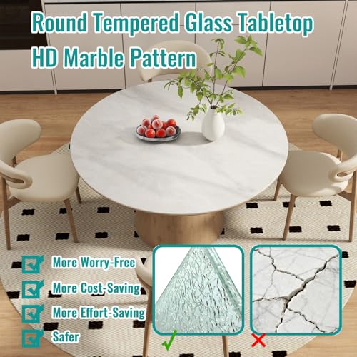 Image of Tempered Glass Round Table Top with Marble Design 28 Inch Diameter, 3 /10 Inch Thick, Heavy-Duty Safety Glass Circle for Dining Table, Desk, Patio Base Replacement