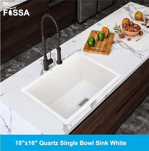 Image of Fossa 18 inchx16 inchx09 inch Quartz Single Bowl Kitchen Sink | White Non-fading Colour with UV Protection | Natural Stone Quartz /Granite Sink with Sink Coupling, Waste Pipe & Strainer Basket