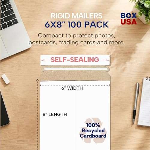 Image of BOX USA Rigid Mailers 6 inch x 8 inch (100-Pack) - Cardboard Mailer Envelopes for Photos, Trading Cards, Small Prints - Stay Flat