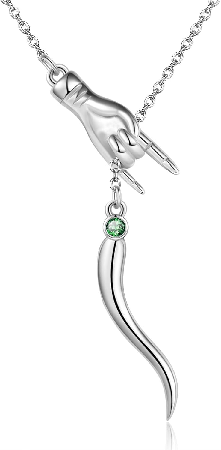 YAFEINI Italian Horn Hand Necklace Sterling Silver Cornicello and Mano Cornuto Birthstone Necklace Good Luck Italian Protection Amulet Pendant Jewelry for Women
