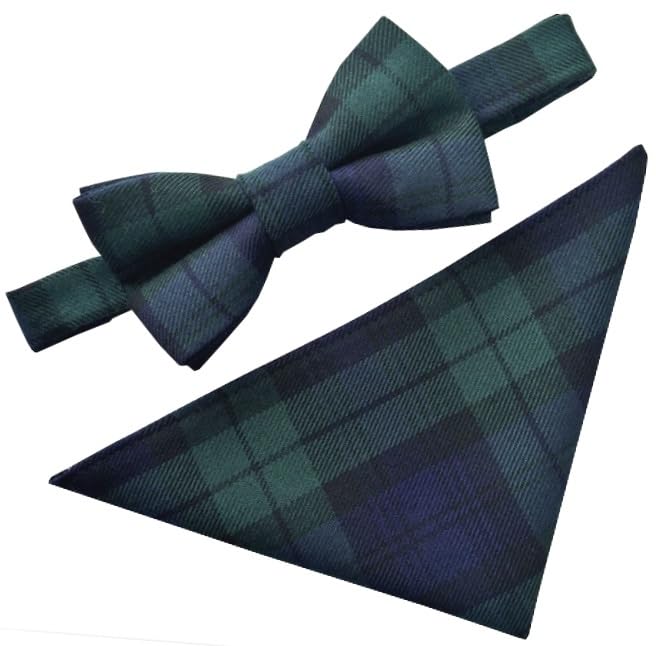 Black Watch Ensemble nœud papillon et mouchoir Motif tartan écossais, Vert bouteille, bleu marine, noir, Taille Unique