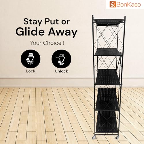 Image of BonKaso Foldable 5-Tier Kitchen Storage Rack | Heavy-Duty Metal Trolley Stand with Wheels | Movable & Multifunctional Shelf for Home, Office & Pantry | Load Capacity Upto 110kg (72x35x158 cm) - Black