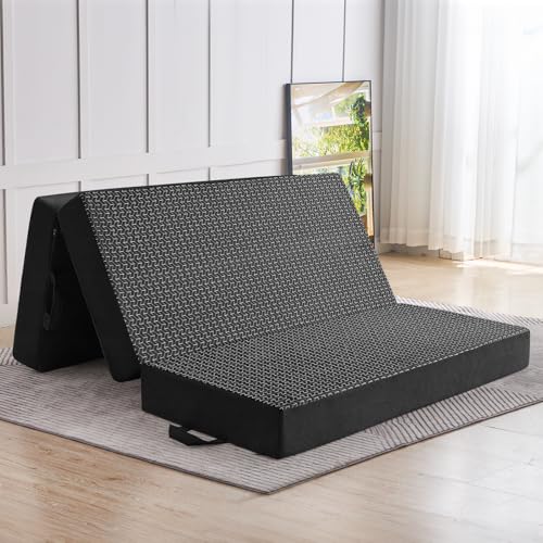 CYMULA Folding Mattress Full Size, 6 inch Memory Foam Tri Portable Murphy Bed and Futon, Full Topper with Breathable & Washable Cover, Foldable Floor Mattress for RV，Guest Beds，Black (52'×73'×6')