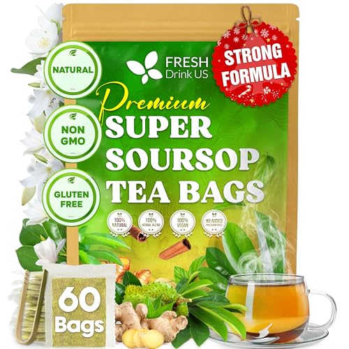 Image of FreshDrinkUS, Super Soursop Herbal Tea - 60 Tea Bags | Soursop, Ginger, Turmeric, Lemongrass, Cinnamon, Black Pepper & Peppermint | Caffeine-Free, Natural Flavor, Plant-Based Blend | Sugar-Free