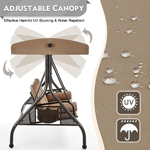 Image of HOMREST 3 Seat Outdoor Porch Swing with Adjustable Canopy, Convertible Patio Swing Bed with Stand, Patio Glider Swing with Upgraded Cup Holder, Thicken Cushions ＆ Pillow for Backyard(Brown)