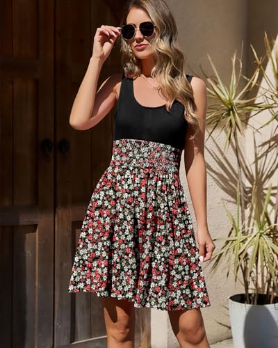 Image of Summer Dresses for Women Casual Sleeveless Sundresses Elastic Waist Mini Sun Dress