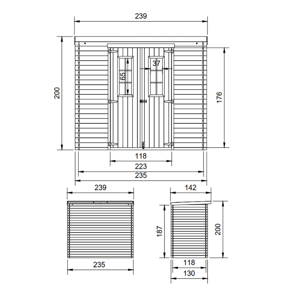 Casa de Almacenamiento jardín con Suelo TRATADO 142x239x200 cm/2.63 m2 - Caseta para Exterior jardín - Cobertizo de Madera pequeño - Techo, Ventanas- TIMBELA M310C+M310G