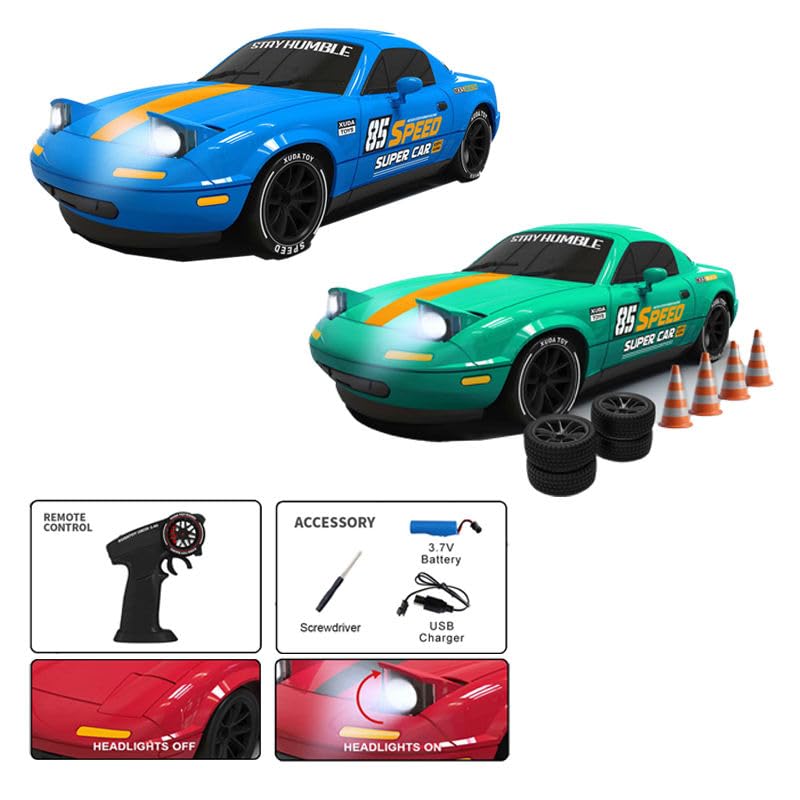 Image of 1:24 RC Drift Car 4WD, 20km /h Remote Control Car with Smoke Effect, Pop-Up Headlights, LED Lights, Drift Tires, Rechargeable Toy Car for Kids & Adults (Green)