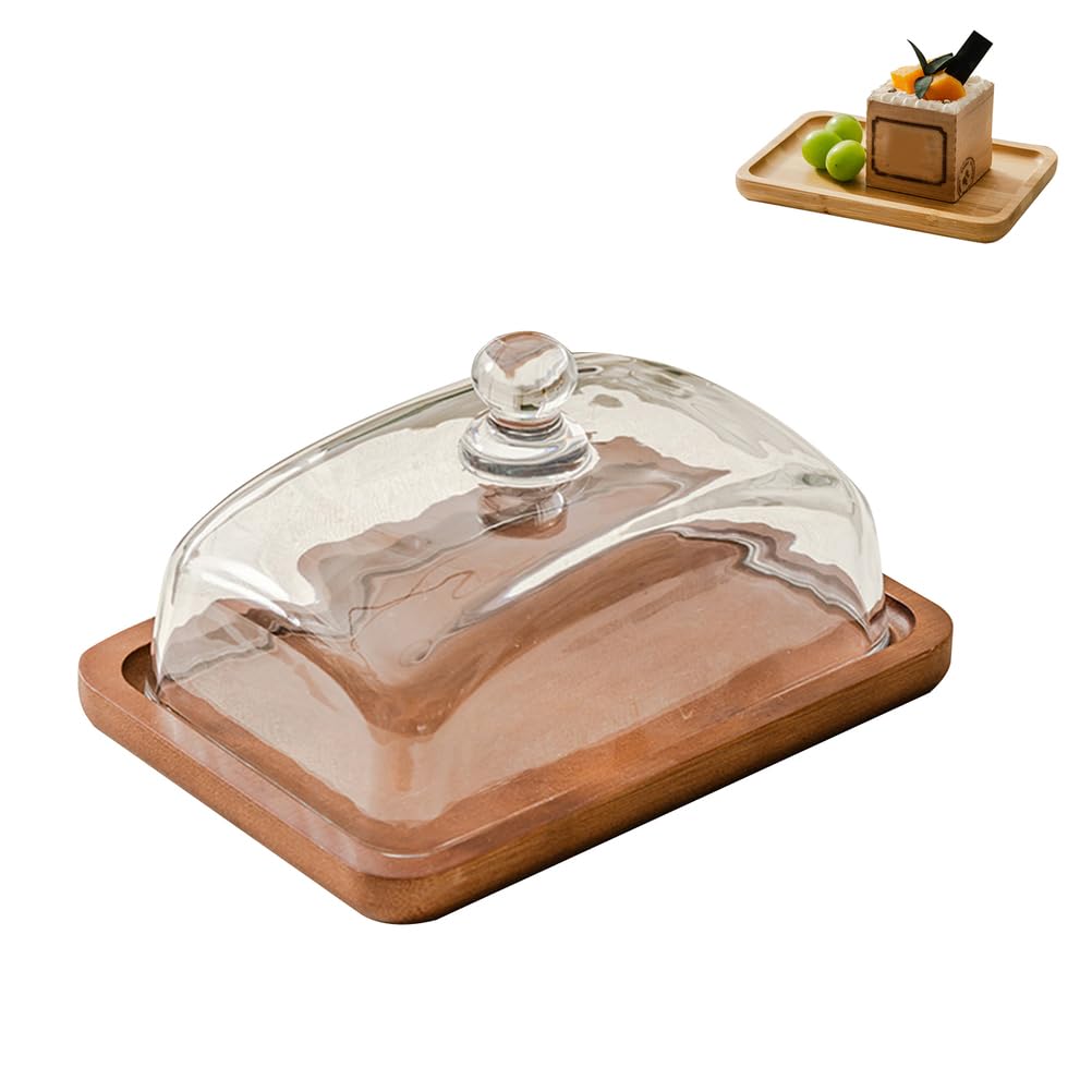 Uck-Kit Redwood Color Cake Stand With Lid, Rustic Acacia Wooden Cake Plate, Food Serving Platter For Cakes, Pastries, Cheese Boards, Clear Galss Cover,