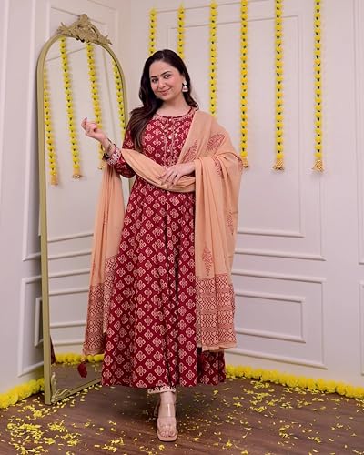 Image of KLOSIA Women Red Printed Anarkali Kurta and Pant with Dupatta Set