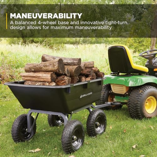 Image of Gorilla Carts Heavy-Duty Poly Yard Dump Cart, 6 Cu Ft Tub, 1200 lb Haul Capacity, Black - Towable Utility Wagon with Quick-Release Dumping & Pneumatic Tires for Landscaping and Gardening