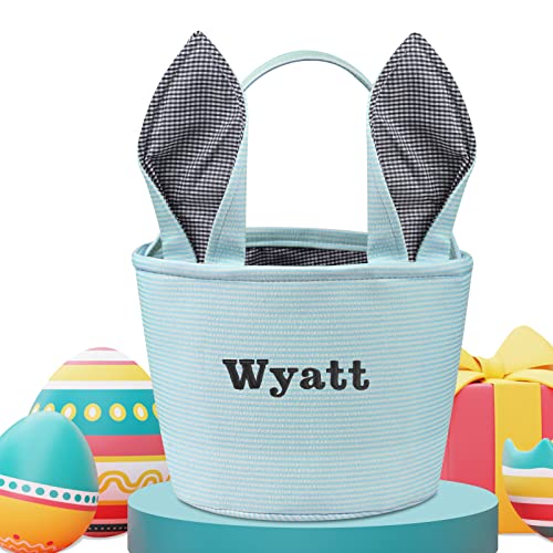 Touber Personalized Easter Basket, Easter Bunny Basket with Ears Custom Easter Basket with Name Easter Basket Bags for Kids Easter Eggs Hunt Baskets Easter Basket for Boys Girls - Blue