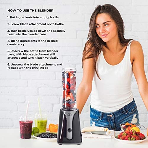 Quest Personal Blender & Smoothie Maker | 350 Watt | Includes 2x 600ml Portable Bottles | One Touch Button | Slimline, Portable and Compact | Stainless Steel Blades (Black & Grey)