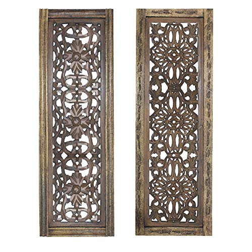 TUP The Urban Port Floral Hand Carved Wooden Wall Panels, Assortment of Two, Rustic Brown TUP The Urban Port Floral Hand Carved Wooden Wall Panels, Assortment of Two, Rustic Brown