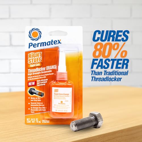 Image of Permatex The Right Stuff Rapid Cure Orange Threadlocker 25251, Works on Oily & Dirty Fasteners, Automotive, Industrial & Hardware Use, Sets in 15m Cures in 4h, 10 ml