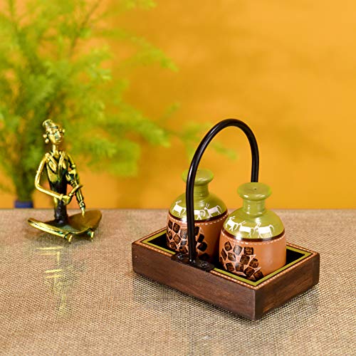 Image of Aakriti Art Creations Asmi Earthen Salt & Pepper Shaker Set with Wooden Tray | Handcrafted Abstract Art Ceramic Dispenser Set | Dining Table Salt Pepper Set | Kitchen Decoration Items Stylish