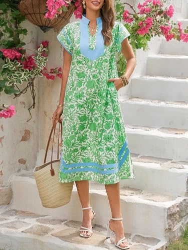 Image of Wenrine Womens Summer Floral Maxi Dress Casual Short Cap Sleeve V Neck Color Block Side Slit Loose Boho Beach Dresses