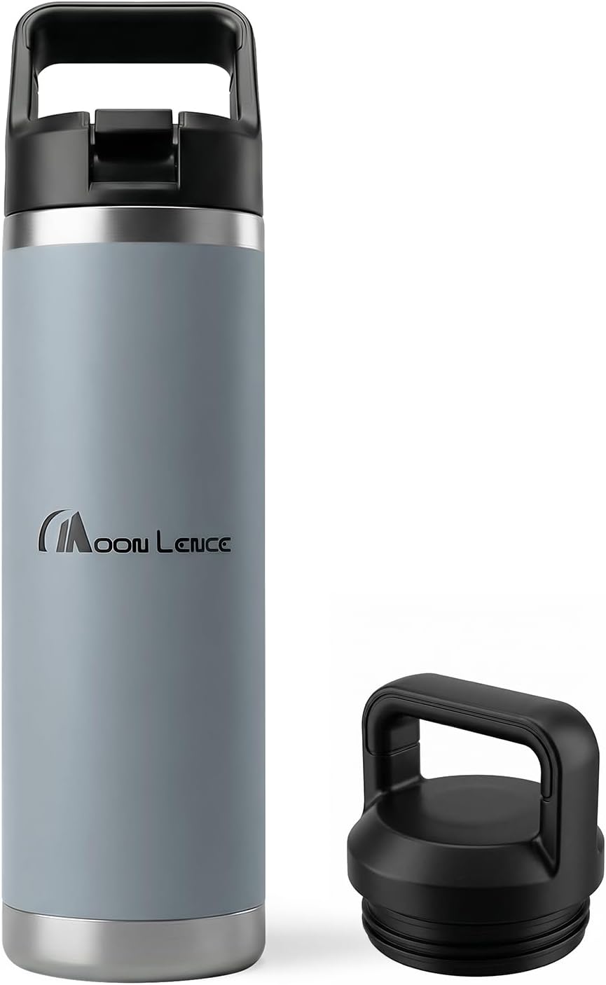 MOON LENCE Insulated Water Bottle,18 oz Sports Water Bottle with Straw, Stainless Steel Water Bottles with Changeable Lids for Camping, Hiking, Gym Blue