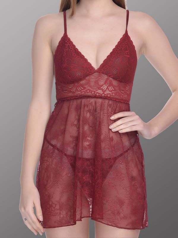 Image of Women Soft Lace Net Above Knee Babydoll Nightwear Dress with Panty S to 3XL