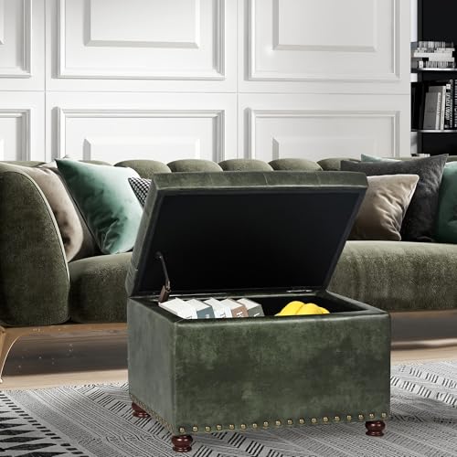 Image of Joveco Storage Ottoman Rectangular Tufted Upholstered Ottomans with Rivet, Footrest Footstool Seat with Wood Legs for Living Room Bedroom (Black Green)