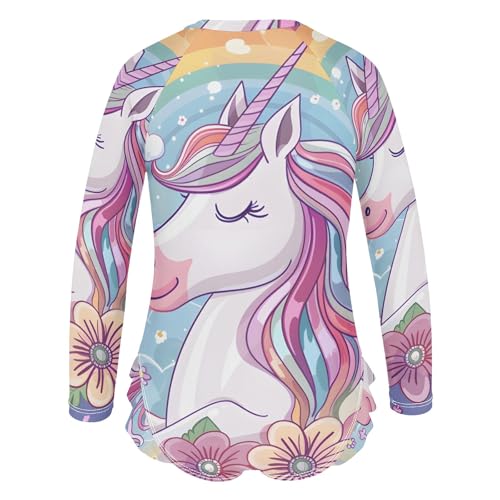 Unicorn and Flowers Clouds Girls Long Sleeve Swimsuit Rash Guard One Piece Bathing Suits Zipper 3-12T3