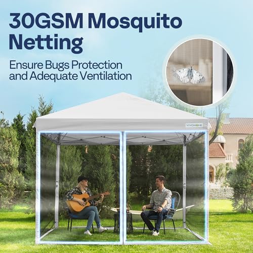 Image of VIVOHOME 8x8ft Easy Pop-Up Canopy, Outdoor Screen Tent with Mosquito Netting, 2 Zipper Doors, and Roller Bag for Yard Camping Picnic Party Events, White