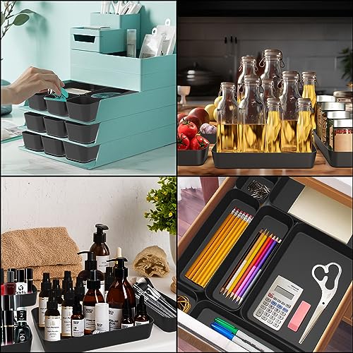 Schubladen Organizer Box Organizer Schubladen Ordnungssystem 16 Stk Küche Badezimmer Kosmetik Gewürz Aufbewahrung Organisation Drawer Kunststoff Büro Schreibtisch Trenner mit Silikonmatten (Schwarz)