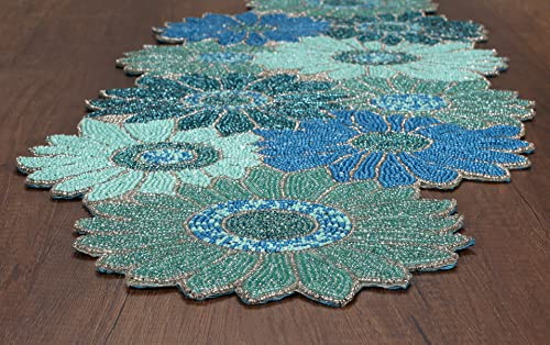 Handmade Farmhouse Floral Embroidery Beaded Table Runner For Tableptop In Teal/Turquoise/Aqua Colour - Home Decor Mat For Wedding Party Baby Shower Family Gathering - Pack Of 1 Measure 13 X 36 Inches #TOP7