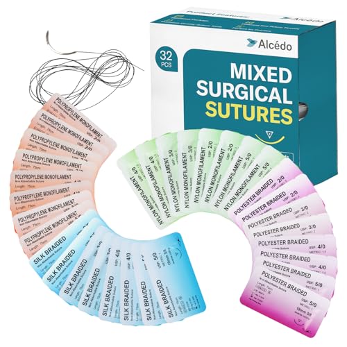 Image of Alcedo Suture Thread with Needle 32 PK (2 /0, 3 /0, 4 /0, 5 /0), Non-Absorbable (Nylon, Silk, Polyester, Polypropylene) for Nursing and Students, First Aid Practice Kit Accessories, Education Only