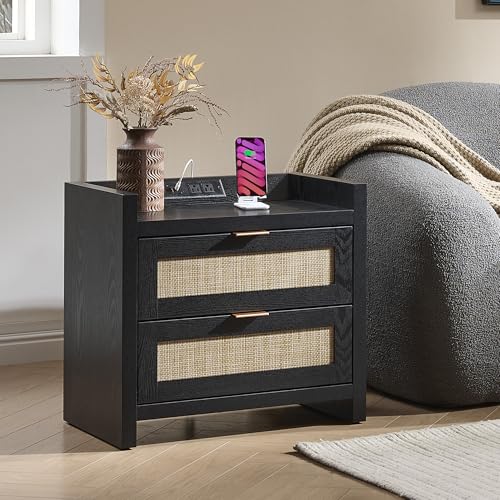 Image of SICOTAS Black Nightstands Set of 2 Bed Side Table - Boho Night Stand End Table with Type-C Charging Station, 2 Rattan Decor Drawers Storage Cabinet Night Stands for Bedroom, Black Oak